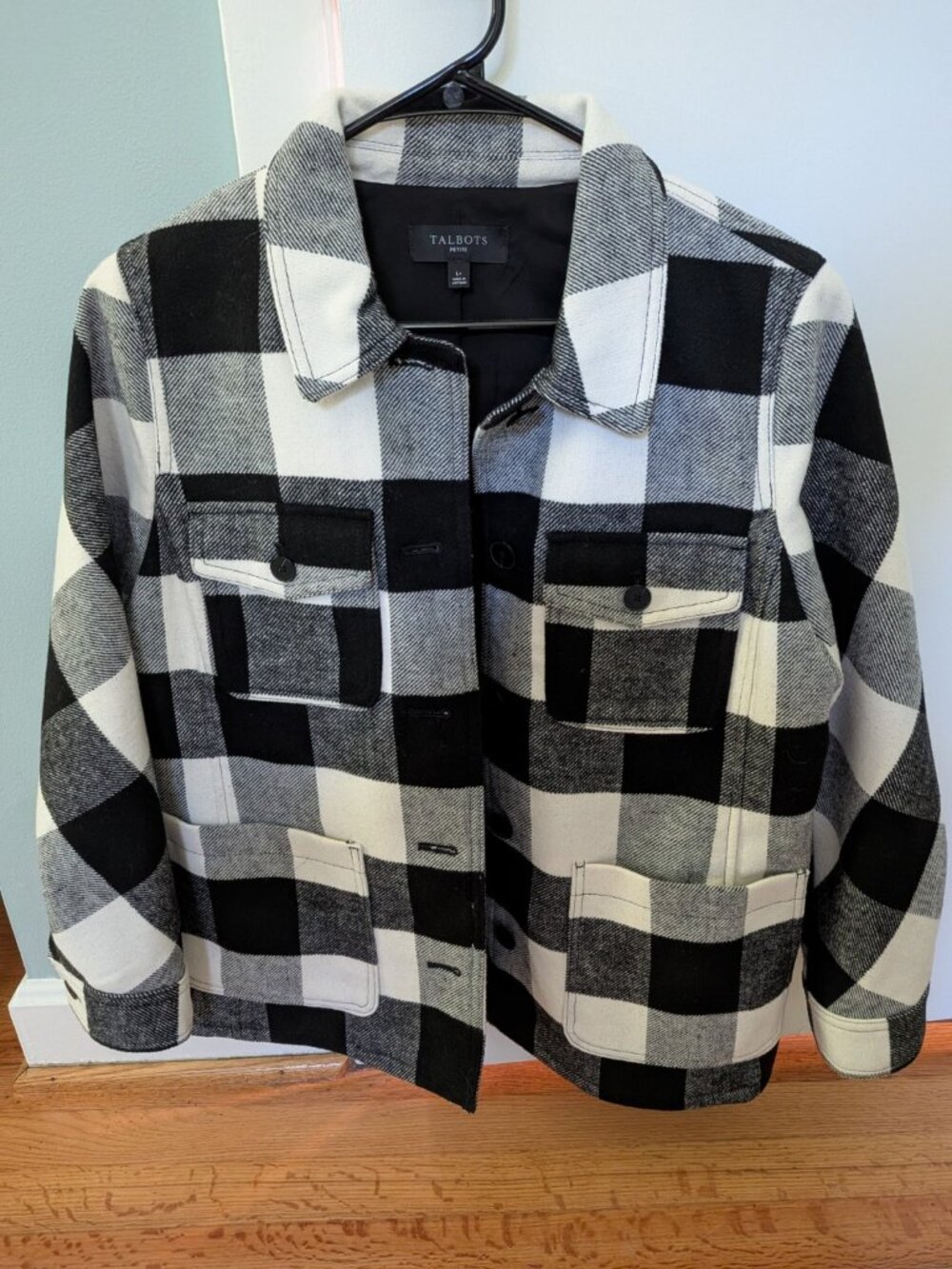 Talbots Petite Black White Buffalo Plaid Wool Blend Jacket LP